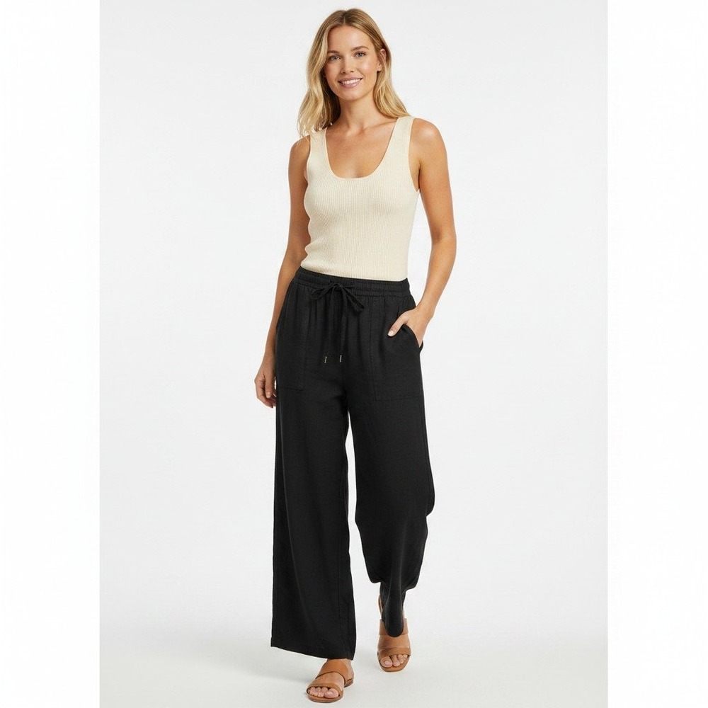 Linen Blend Drawstring Pants Gap L Black Wide Leg Pull On Coastal Resort